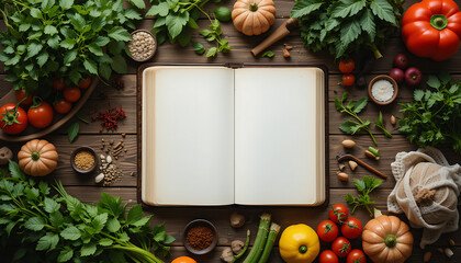 an open recipe book lying on a wooden table surrounded by healthy food