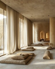 Tactile silence retreat featuring curtain-less windows, sand-colored wall texture, and natural airflow layout Textural Neutral Calm Interiors Natural Silence-Focused Design