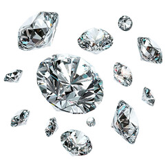 A collection of scattered diamonds floating in the air, each diamond is isolated on a white background with margins PNG