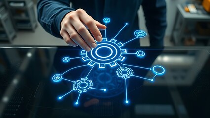 Business Process Automation (BPA) & Digital Transformation: Human Hand Interacting with Futuristic Gear Icon on a Touchscreen Interface for Streamlined Workflow and Efficiency