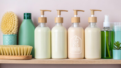 Eco friendly waste reduction strategy with reusable bottles and natural bathroom products