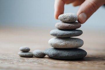 Person holding rock atop balanced stone stack