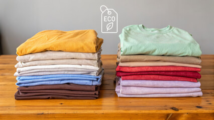 Waste reduction strategy for eco friendly clothing shown with neatly folded shirts wooden table