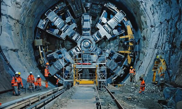 Construction workers operating a tunnel boring machine in an underground excavation site