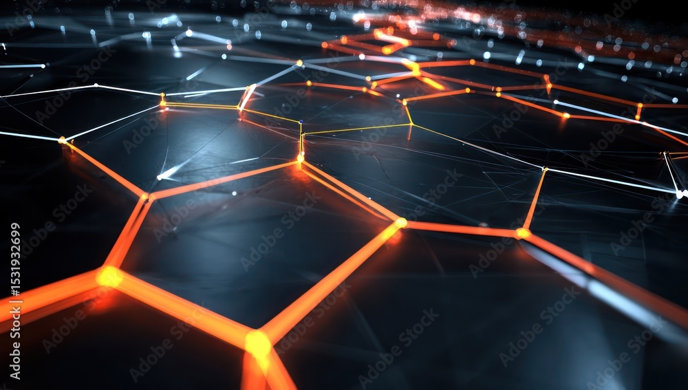 Poster cyber-grid landscape highlighted by glowing polygonal pathways, representing digital infrastructure.