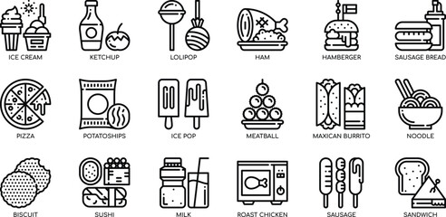 Collection of Line Art Food Icons Pizza, Ice Cream, Burgers, and More!  Perfect for Menus, Websites, and Apps.