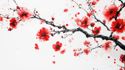 Chinese ink painting style, with plum blossom flowers and petals scattered on the curved branches of red roses © Nu
