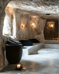 Neo-archaic minimal chamber featuring stone urns, handwoven black linen, and candlelit wall sconces Primitive-Modern Fusion Interiors Stone Wood Ritualist Aesthetic