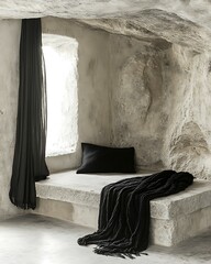Neo-archaic minimal chamber in near-monochrome scheme, with stone bench and soot-black wool blanket Primitive-Modern Fusion Interiors Stone Wood Ritualist Aesthetic