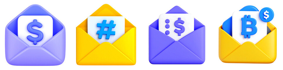 3D Illustration of Mail Notification with Currency Symbol in Envelope PNG set Transparent background