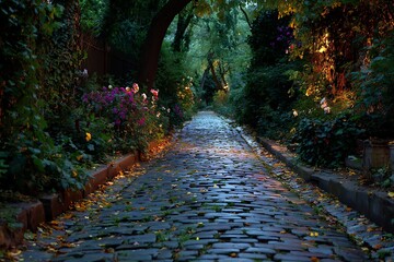 Lush green cobbled trail through tranquil forest