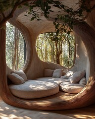Forest mind pod room combining sculptural natural elements, shadow-soft lighting, and tranquil nesting palette Sensory Forest Cocoon Design Organic Minimal Sleep Sanctuary