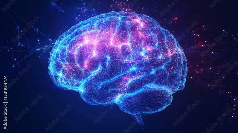 Poster futuristic abstract glowing blue brain with radiating colorful neural lines on dark background repre