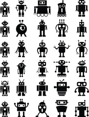 Robot Icon set, icons in vibrant and outline styles, showcasing playful designs, ideal for technology, and futuristic projects. Digital artificial intelligence chatbot, friendly Electric cyborg agent