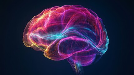 Front view of anatomical human brain emitting vibrant colorful waves of neural energy lines in a scientific concept illustration for medical, educational, and technological design projects