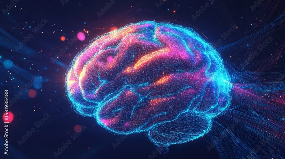 Poster futuristic abstract glowing blue brain with radiating colorful neural lines on dark background repre