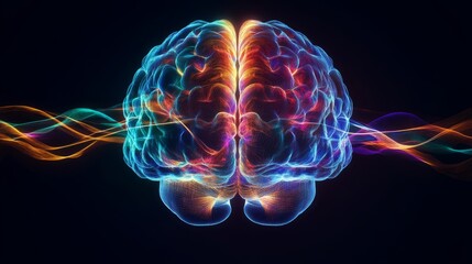 Front view of anatomical human brain emitting vibrant colorful waves of neural energy lines in a scientific concept illustration for medical, educational, and technological design projects