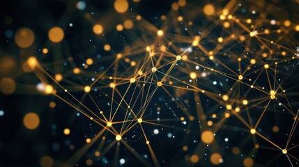 Abstract network of glowing golden lines and points on dark background