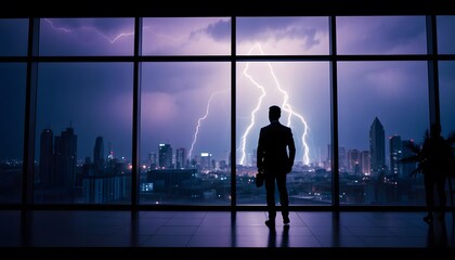 Fototapeta premium Businessman looking at lightning storm over city skyline from office window at night time
