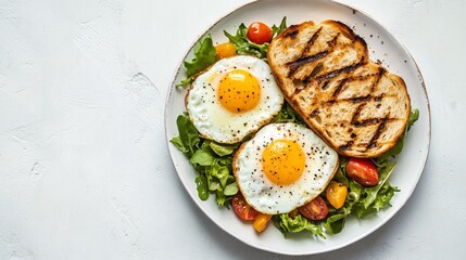 Photo of a plate with eggs, grilled bread, and salad on a white background, top view