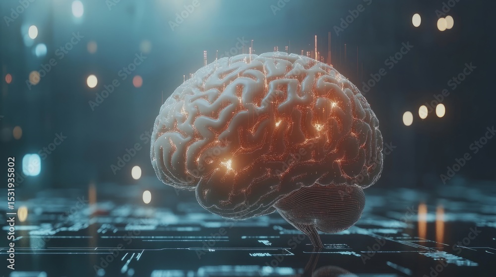 Poster futuristic artificial intelligence brain with glowing neural network connections and digital circuit