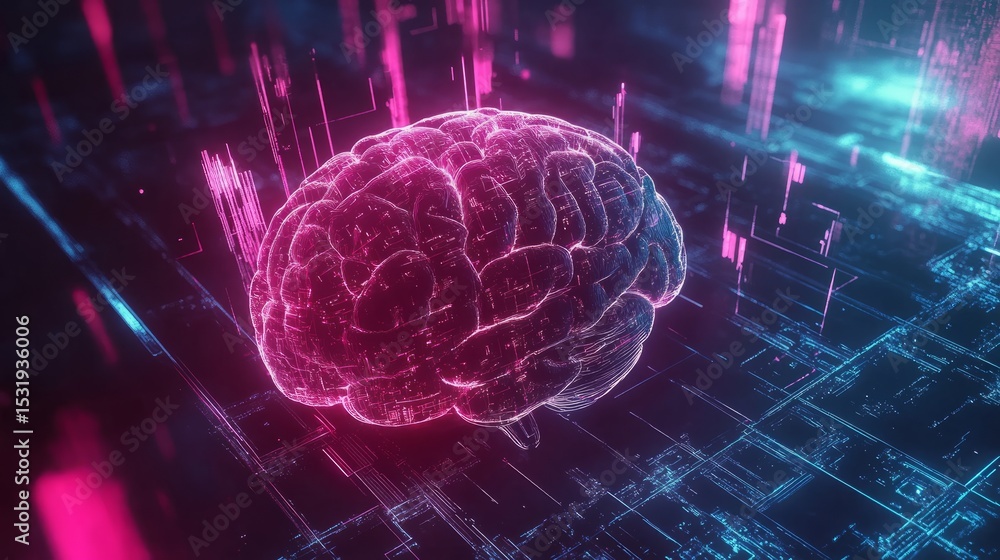 Poster futuristic artificial intelligence brain with glowing neural network connections and digital circuit