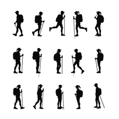 Fototapeta premium Hiking silhouettes diverse backpackers trekking nature