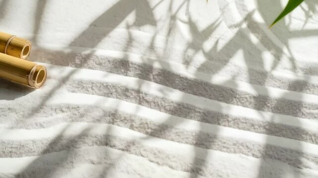 Zen garden detail featuring bamboo sticks and raked white sand forming parallel waves with soft green bamboo leaves casting shadows