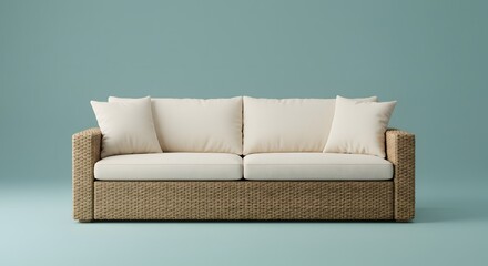Minimalist Photograph of Wicker Sofa with Light Blue Background