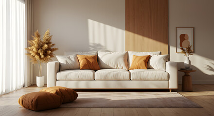 Modern Minimalist Living Room Design with Warm Neutral Tones and Natural Light