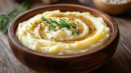 A wooden bowl filled with creamy mashed potatoes topped with gravy, garnished with fresh herbs and pepper