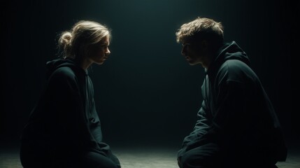 Two people in a dramatic standoff on a plain black background, silent confrontation, powerful emotions