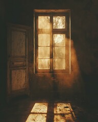 Temporal fade room showcasing distressed wardrobe, clouded glass window, and warm dusty light Faded Memory Interior Design Aging Surface Aesthetic Bedroom