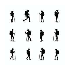 Fototapeta premium Hiking silhouettes backpackers trekking nature adventure