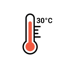 Thermometer at 30 Degrees Celsius on White Background, Medical Icon Symbolizing Temperature