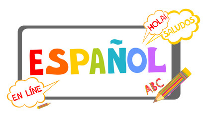 Espanol. Translation "Spanish".   Сoncept of learning spanish language. "Hola, saludos, en línea"  Translate: "Hello, greetings, Online " Language education. Distance education, remote school. Vector © Semiletava Hanna