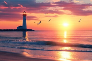 Breathtaking sunset at a lighthouse coastal landscape gigapixel standard image tranquil seascape aerial view nature's beauty