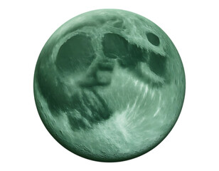 A luminescent green moon with detailed craters.