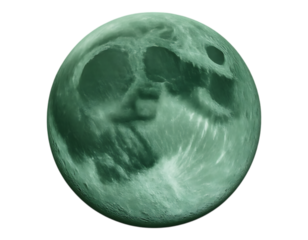 A luminescent green moon with detailed craters.