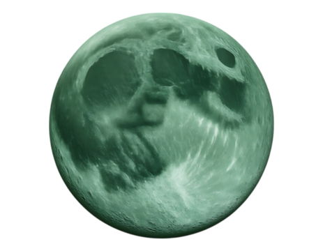 A luminescent green moon with detailed craters.