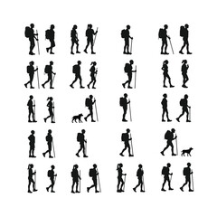 Hiking silhouettes collection diverse backpackers trekking