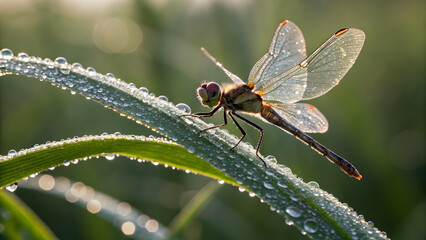 Dragonfly resting on a dewy leaf, showcasing intricate wing patterns and morning light 