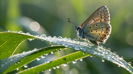 A butterfly perched on a dew covered leaf, showcasing intricate wing patterns in a serene natural setting