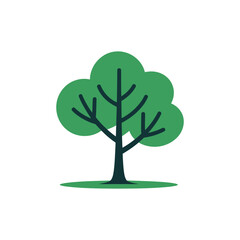Flat Tree Icon with Green Leaves and Brown Trunk on White Background Design
