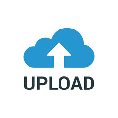 Blue cloud with upward arrow and upload text icon on white background
