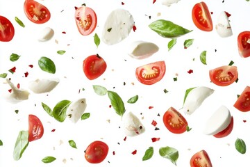 Fresh mozzarella tomatoes and basil isolated on white background