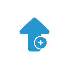 Upward Pointing Blue Arrow with Plus Sign Symbol on White Background, Icon