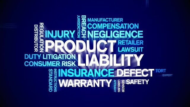 Product Liability animated word cloud;text design animation tag kinetic typography seamless loop.