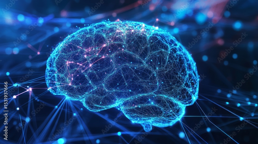 Poster front view of human brain with glowing neural pathways and colorful brain waves representing electri