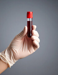 A gloved hand holds a test tube filled with blood against a plain gray background